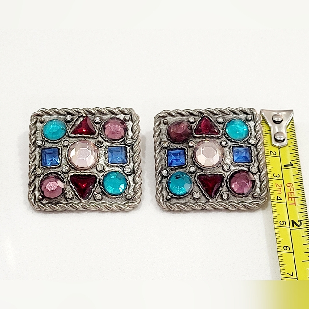 Vintage Mulit colored Rhinestone Square clip on earrings